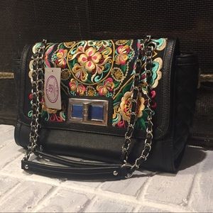Sharif black leather floral embroidered purse bag